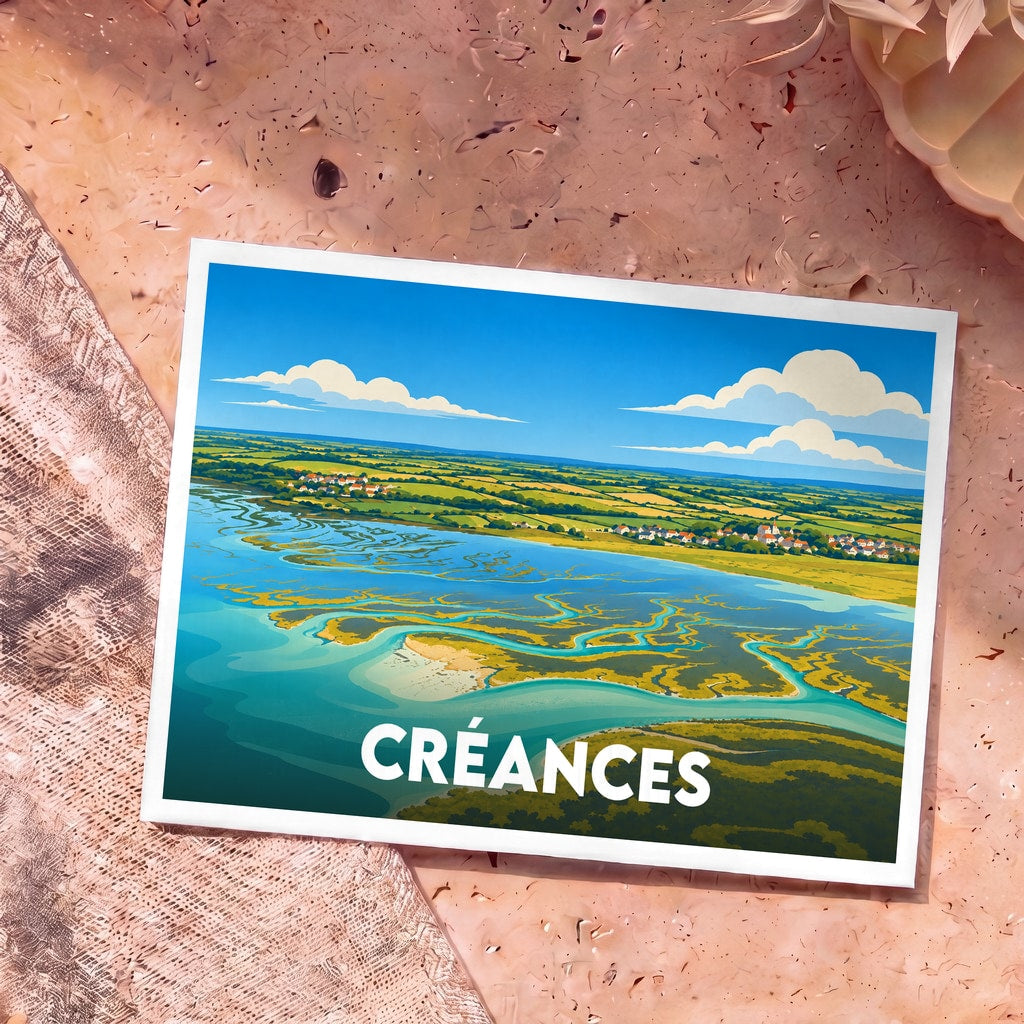 Carte postale souvenir de la ville de Créances avec une illustration stylisée de son paysage côtier.