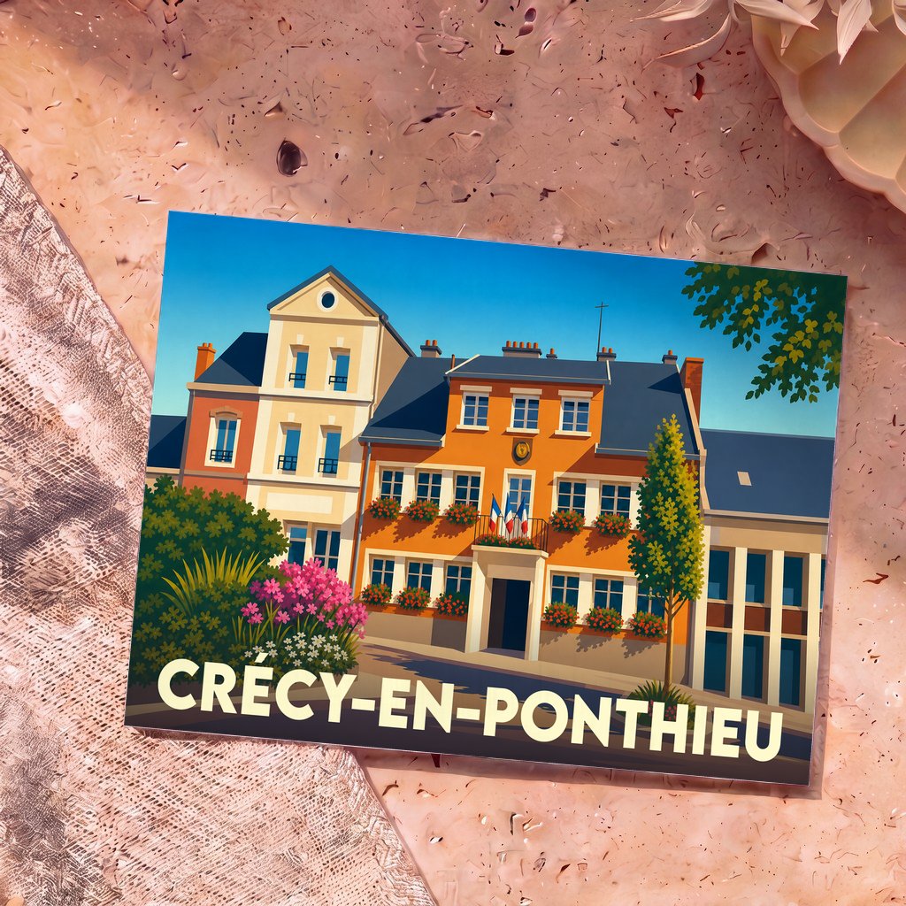 Carte postale souvenir de la ville de Crécy-en-Ponthieu avec une illustration stylisée de la mairie.