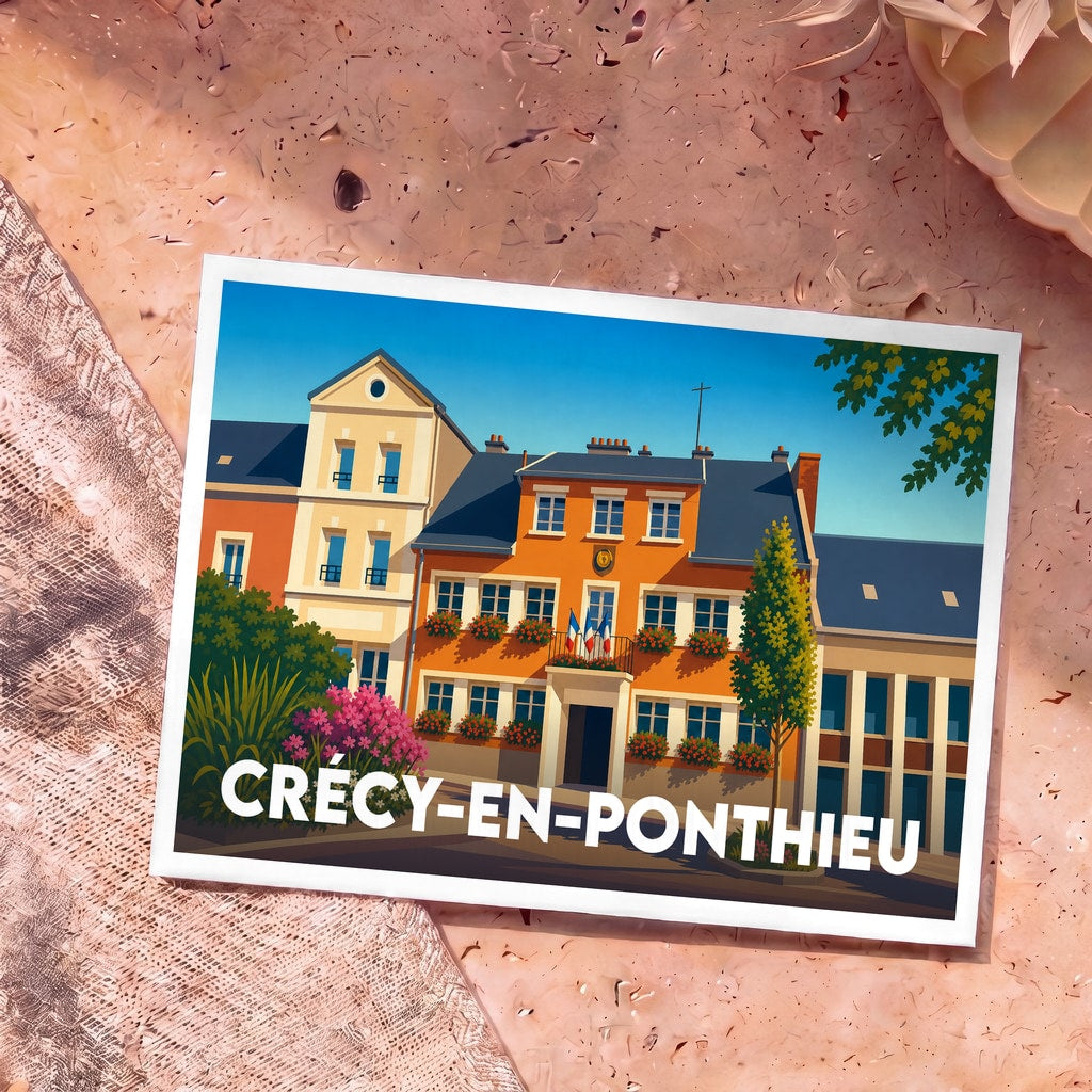 Carte postale souvenir de la ville de Crécy-en-Ponthieu avec une illustration stylisée de la mairie.