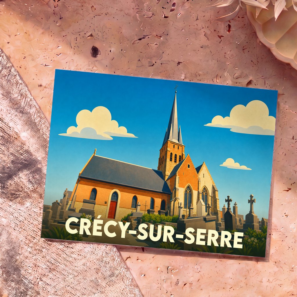 Carte postale souvenir de la ville de Crécy-sur-Serre avec une illustration stylisée de son église et de son cimetière.
