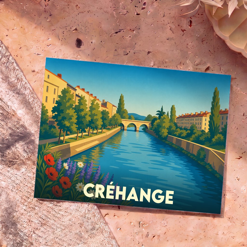 Carte postale souvenir de la ville de Créhange avec une illustration stylisée d'un canal bordé de bâtiments et d'arbres.