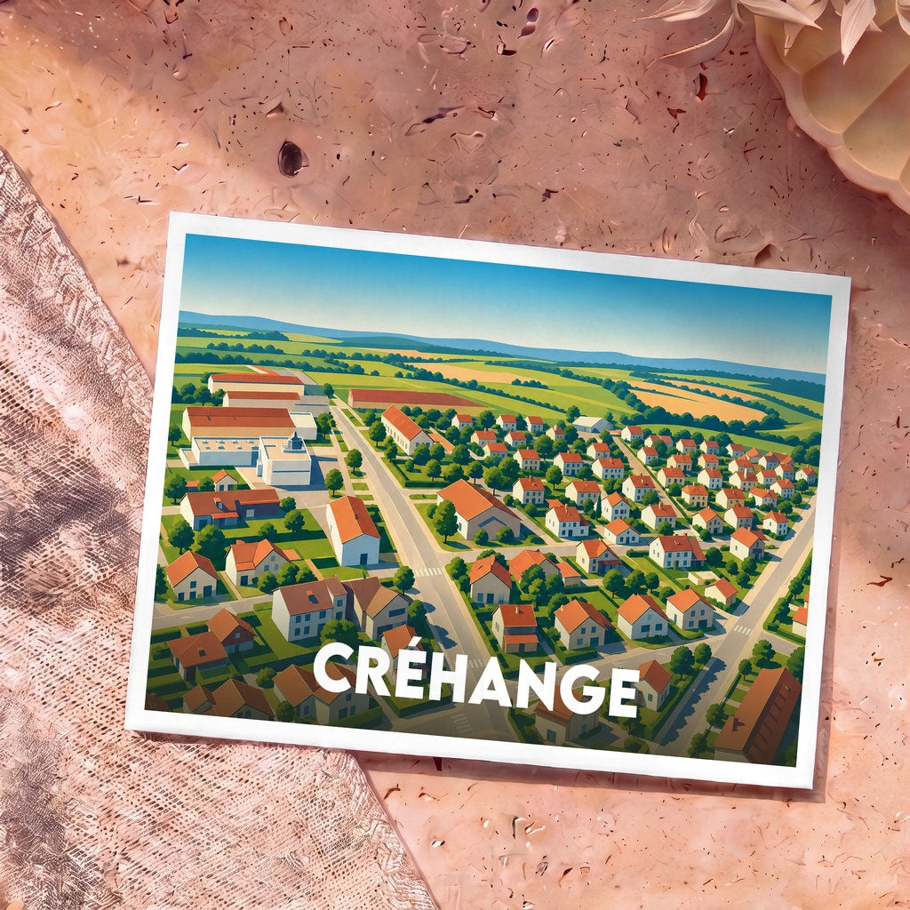 Carte postale souvenir de la ville de Créhange avec une illustration stylisée vue du ciel.