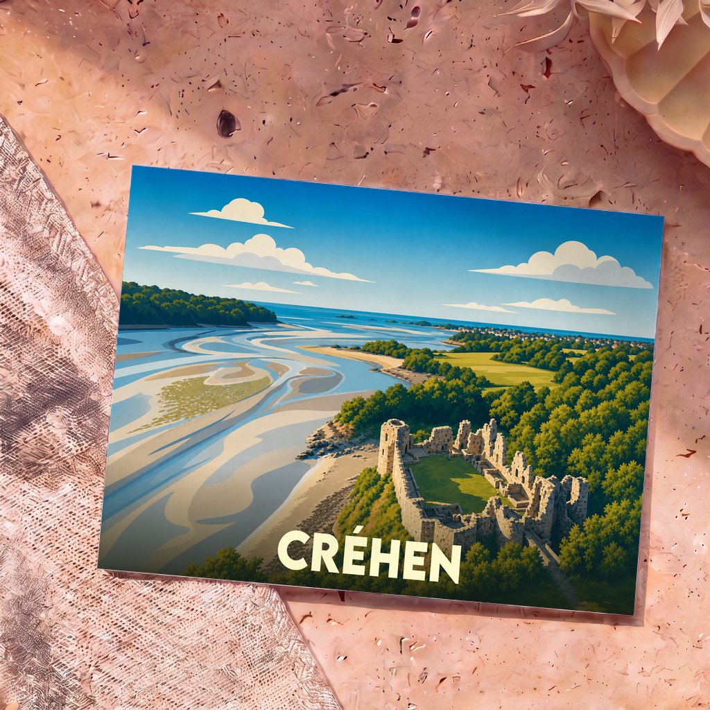 Carte postale souvenir de la ville de Créhen avec une illustration stylisée de son littoral et de son château.