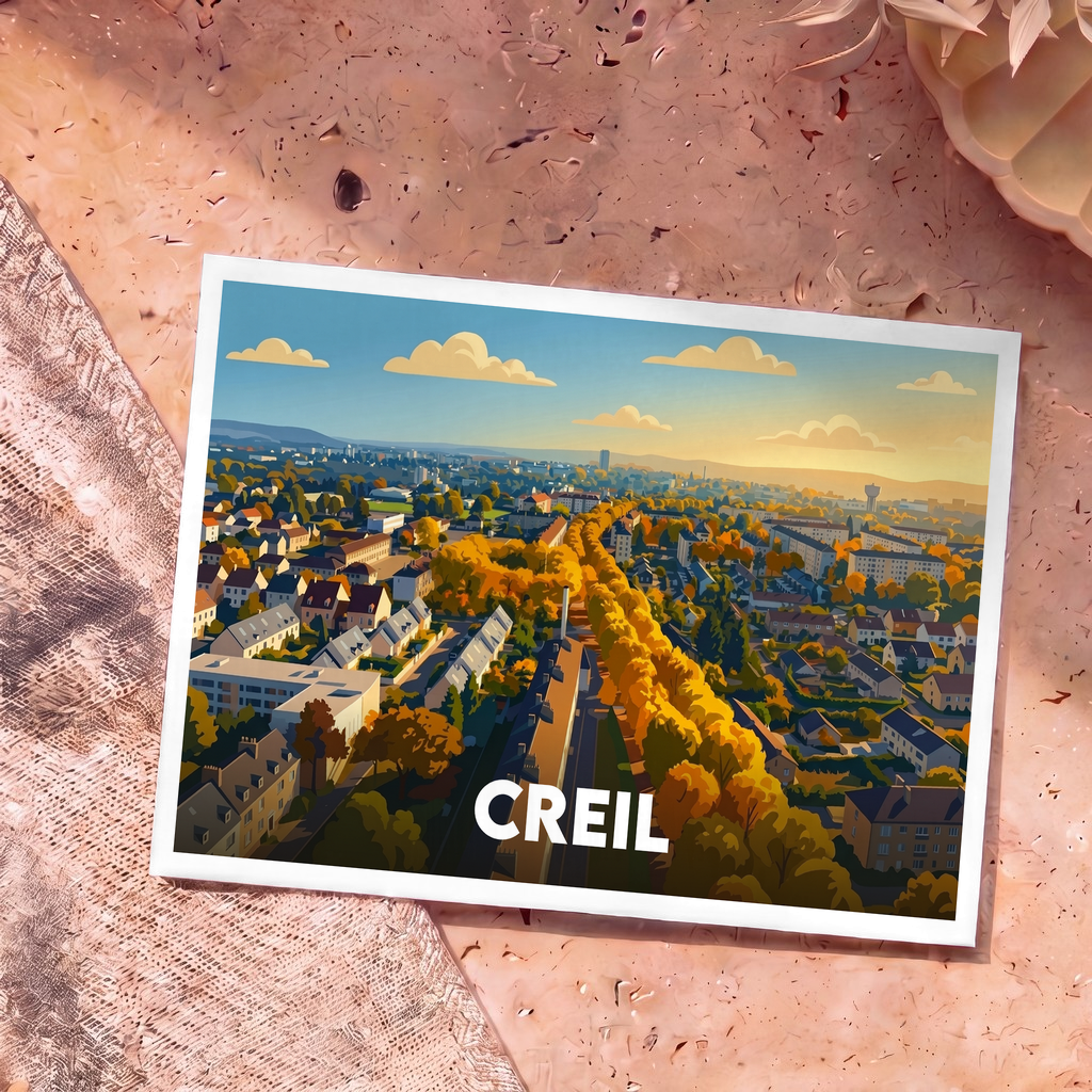 Carte postale souvenir de la ville de Creil avec une illustration stylisée d'un paysage urbain automnal.