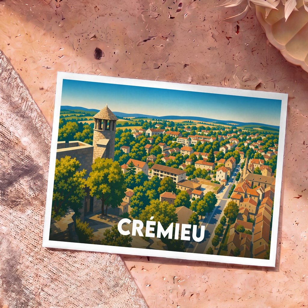 Carte postale souvenir de la ville de Crémieu avec une illustration panoramique stylisée.