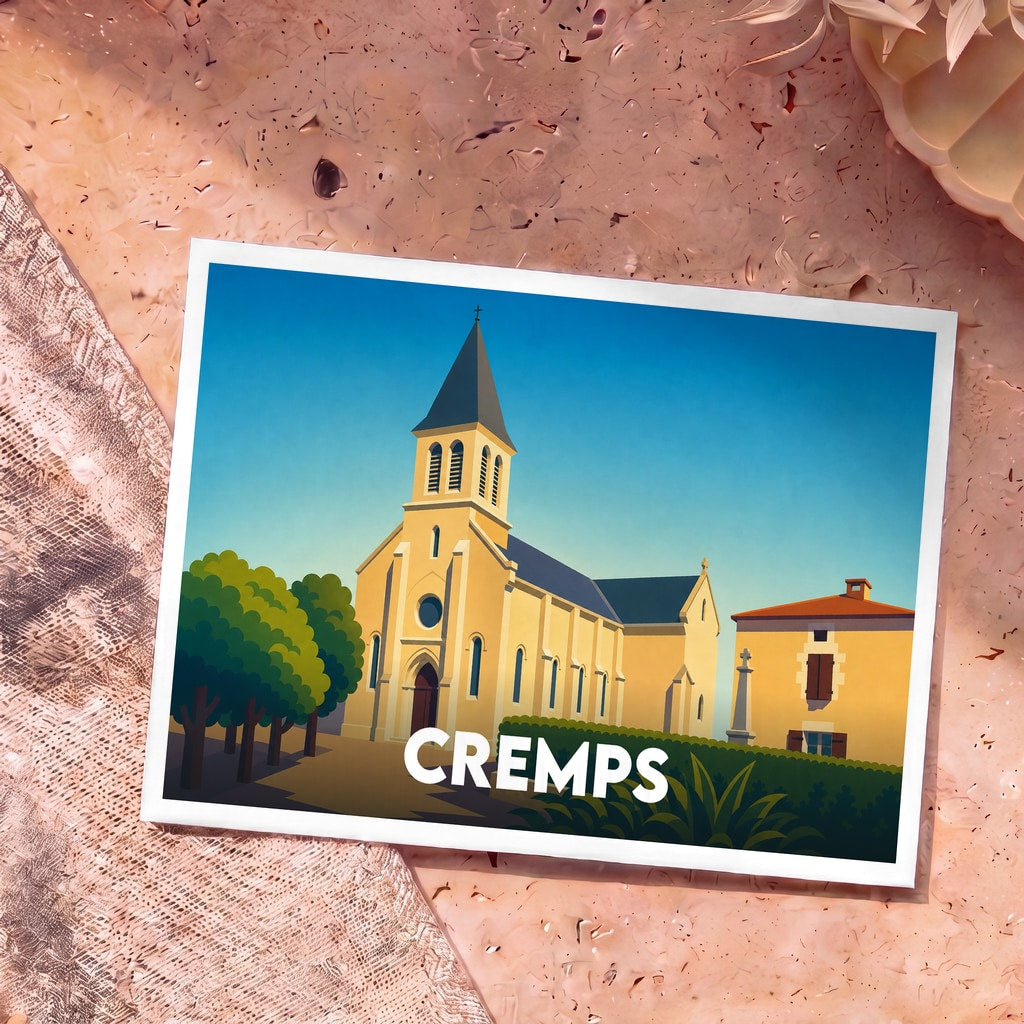 Carte postale souvenir de la ville de Cremps avec une illustration stylisée de son église sous un ciel bleu.