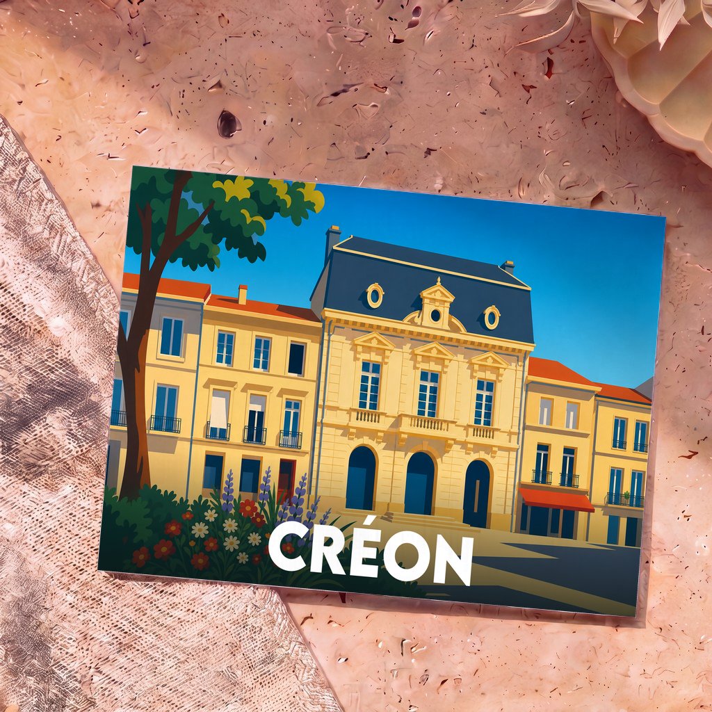 Carte postale souvenir de la ville de Créon présentant une illustration stylisée de son architecture locale.