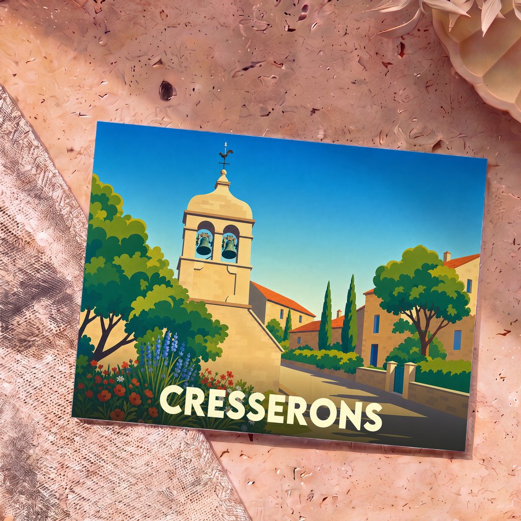 Carte postale souvenir de la ville de Cresserons avec une illustration stylisée de son église et de ses rues.