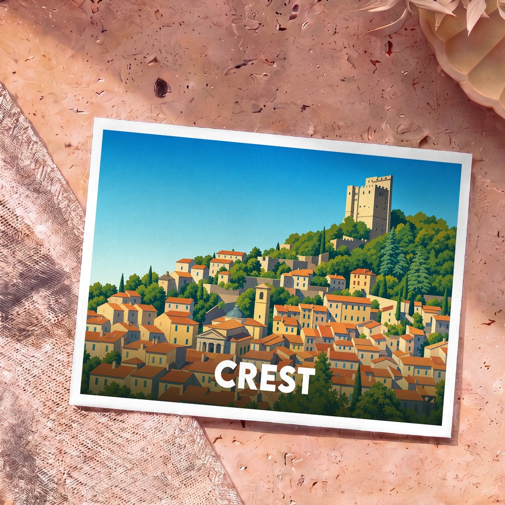 Carte postale souvenir de la ville de Crest avec une illustration stylisée de son donjon et de ses maisons colorées.