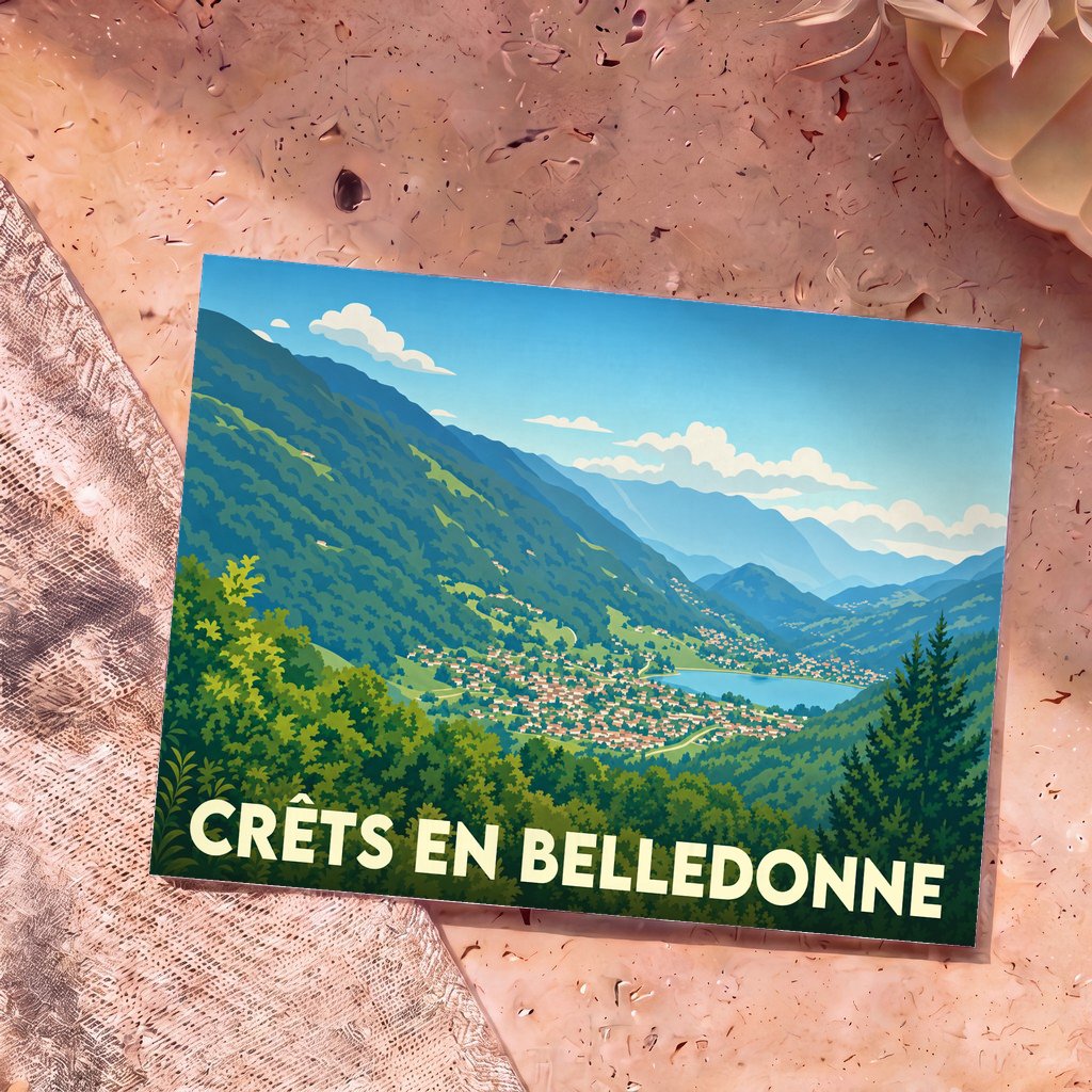 Carte postale souvenir de la ville de Crêts en Belledonne avec une illustration stylisée de ses paysages montagneux.