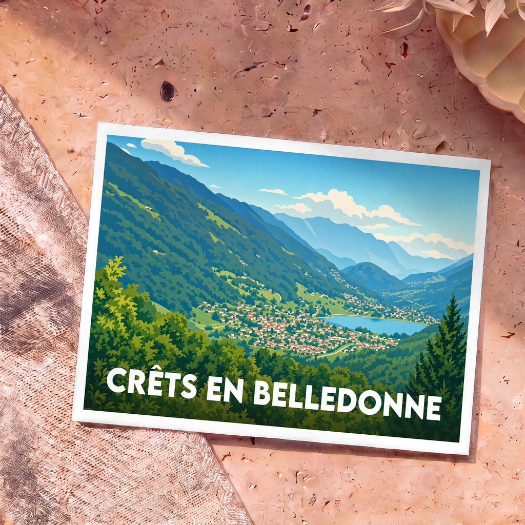 Carte postale souvenir de la ville de Crêts en Belledonne avec une illustration stylisée de ses paysages montagneux.