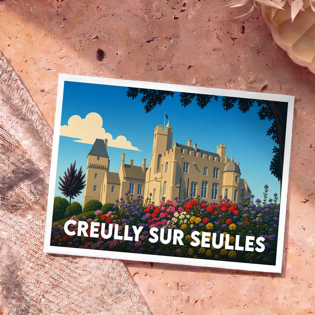 Carte postale souvenir de la ville de Creully sur Seulles avec une illustration stylisée de son château et ses jardins fleuris.