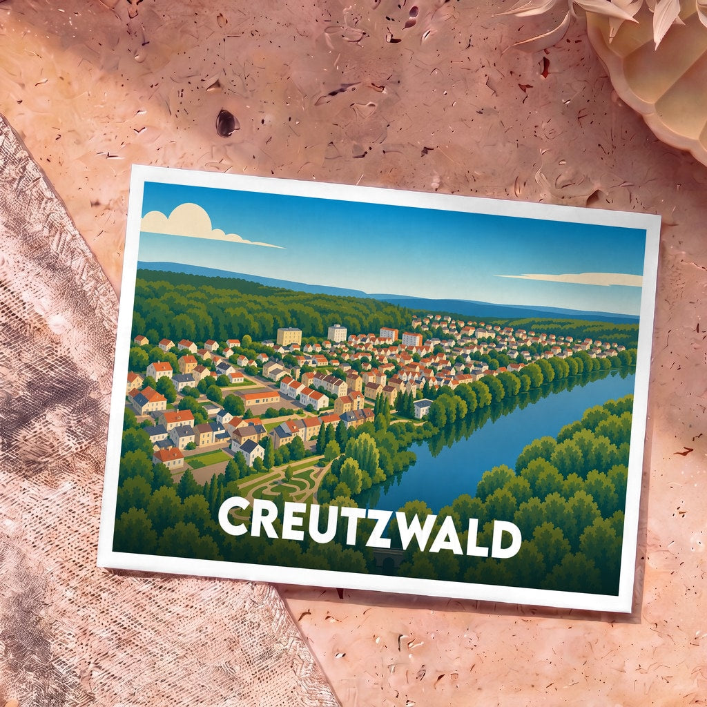 Carte postale souvenir de la ville de Creutzwald présentant une illustration stylisée d'un paysage urbain verdoyant en bord de lac.