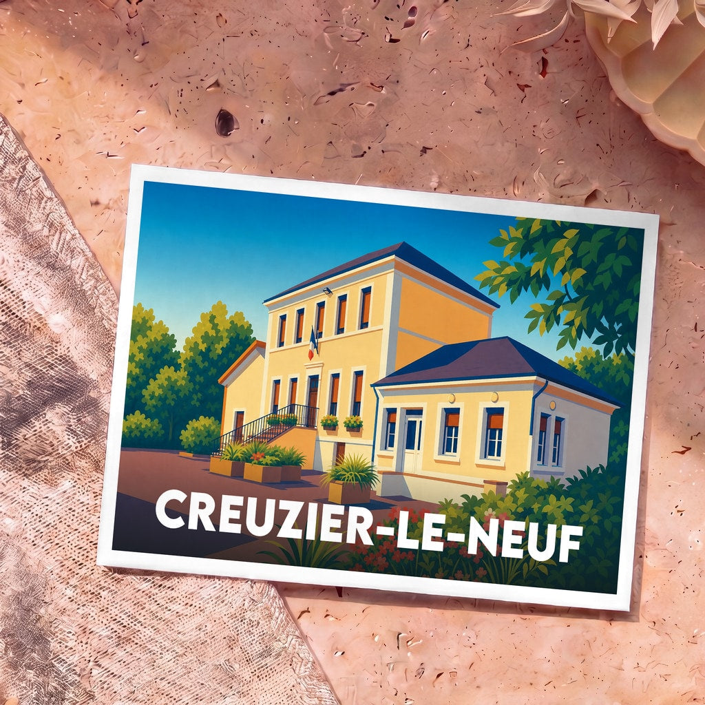 Carte postale souvenir de la ville de Creuzier-le-Neuf avec une illustration colorée de la mairie.