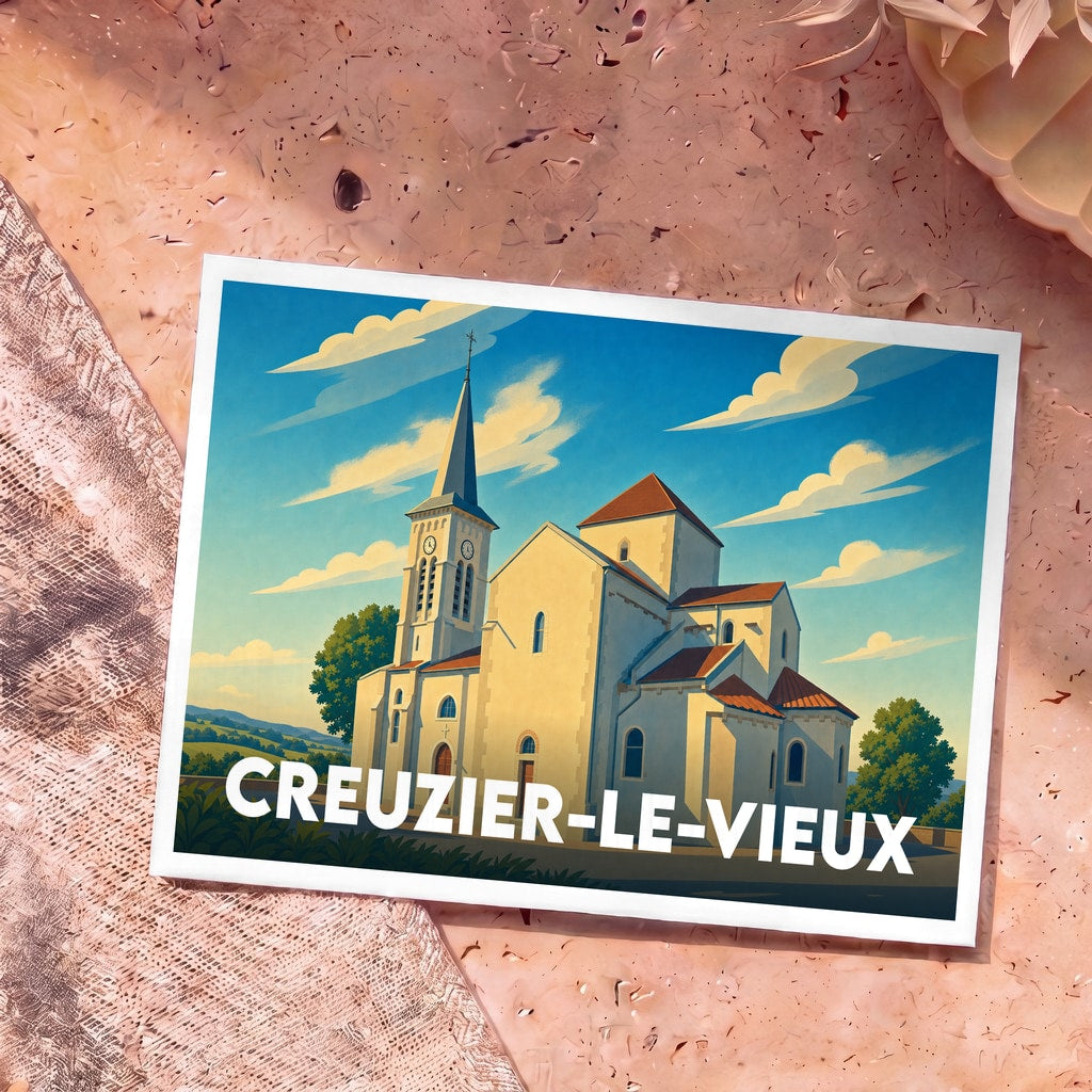 Carte postale souvenir de la ville de Creuzier-le-Vieux illustrant son église dans un style graphique épuré.