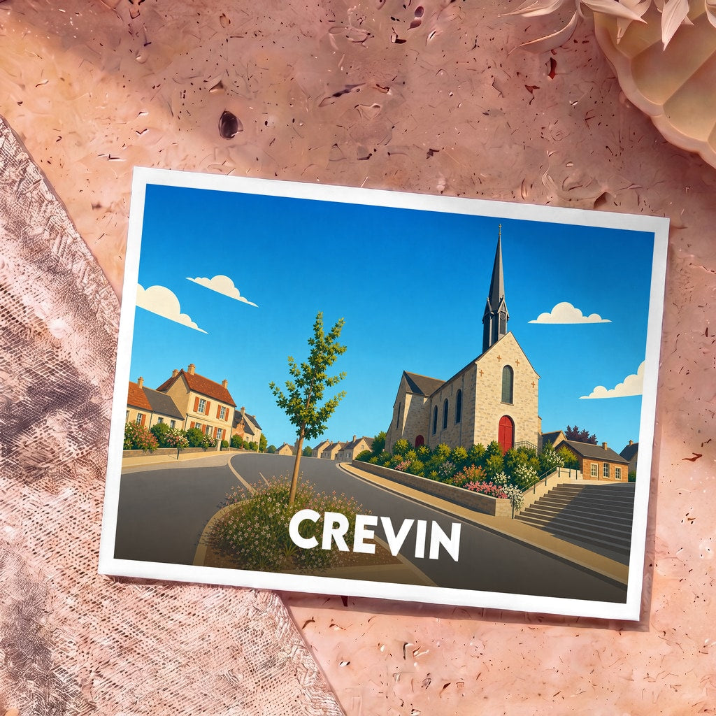 Carte postale souvenir de la ville de Crevin avec une illustration stylisée de son église et de ses rues.