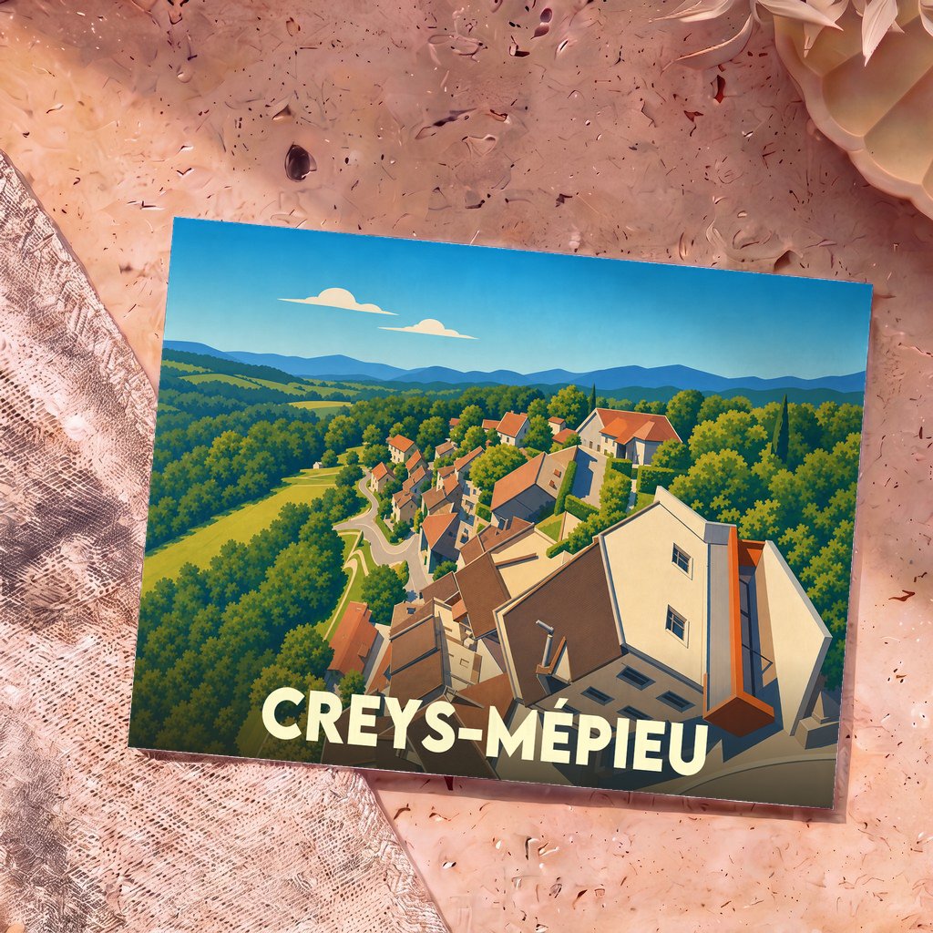 Carte postale souvenir de la ville de Creys-Mépieu avec une illustration stylisée d'un village vallonné.