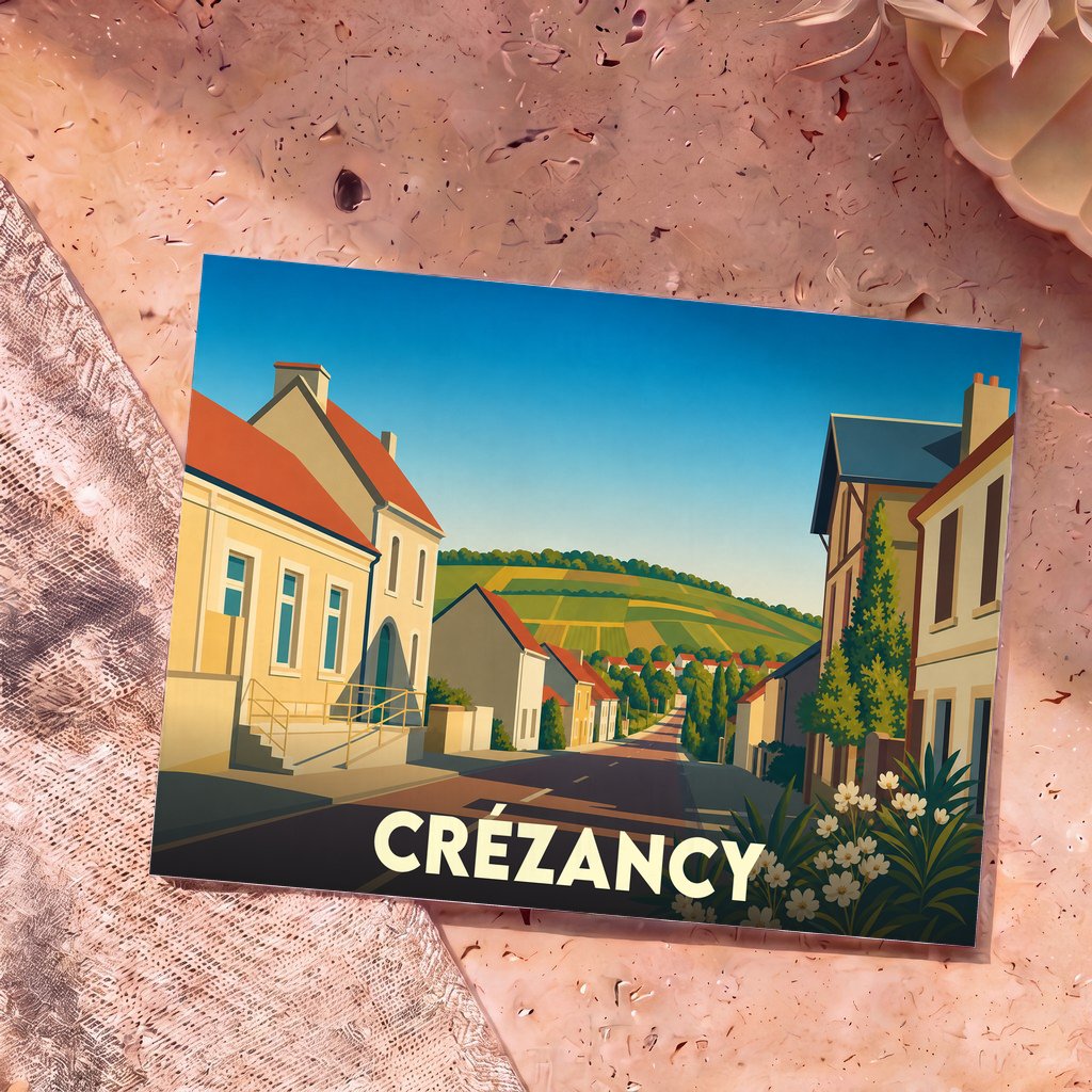 Carte postale souvenir de la ville de Crézancy avec une illustration stylisée et colorée de ses rues et vignobles.