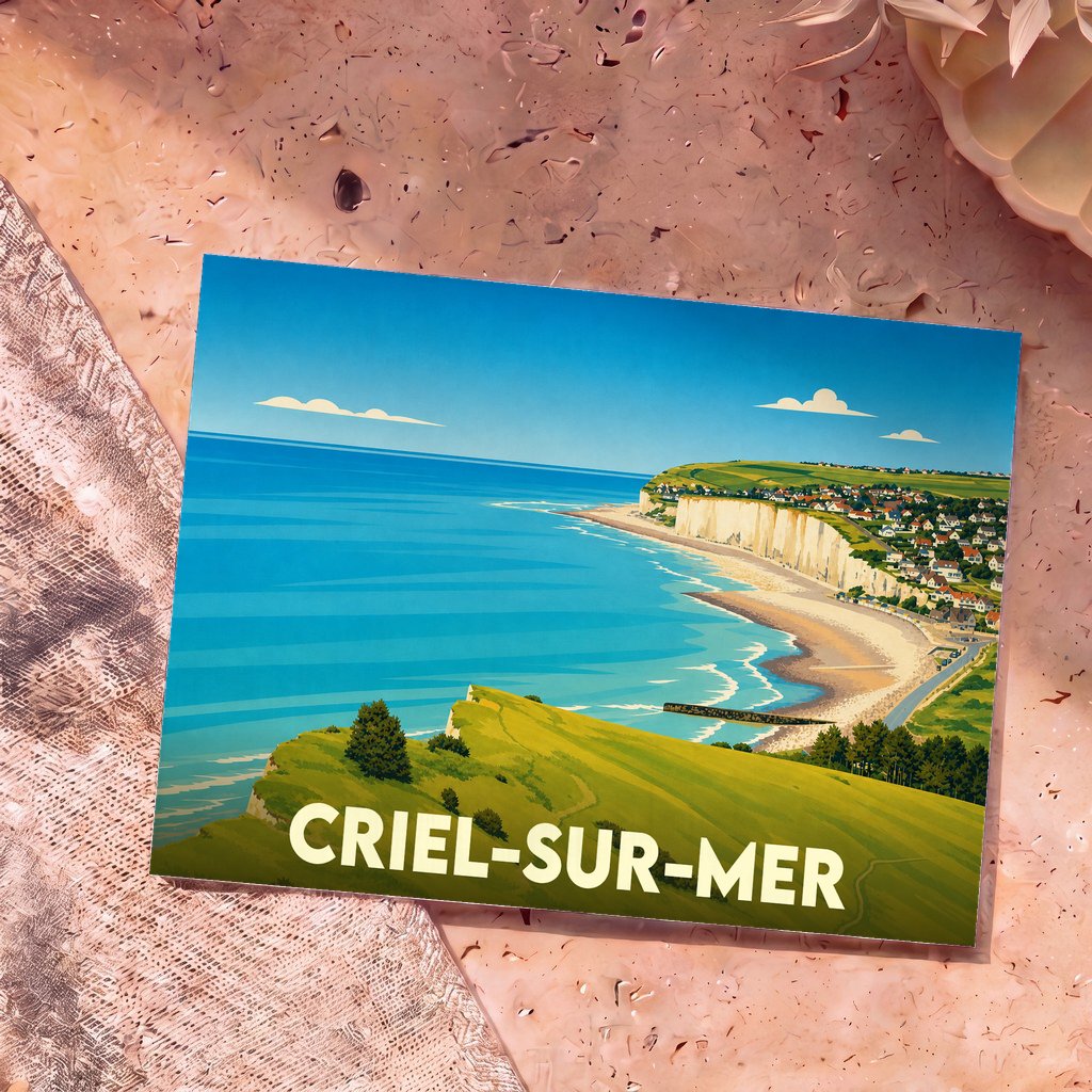 Carte postale souvenir de Criel-sur-Mer illustrant ses falaises de craie et son littoral dans un style graphique épuré.