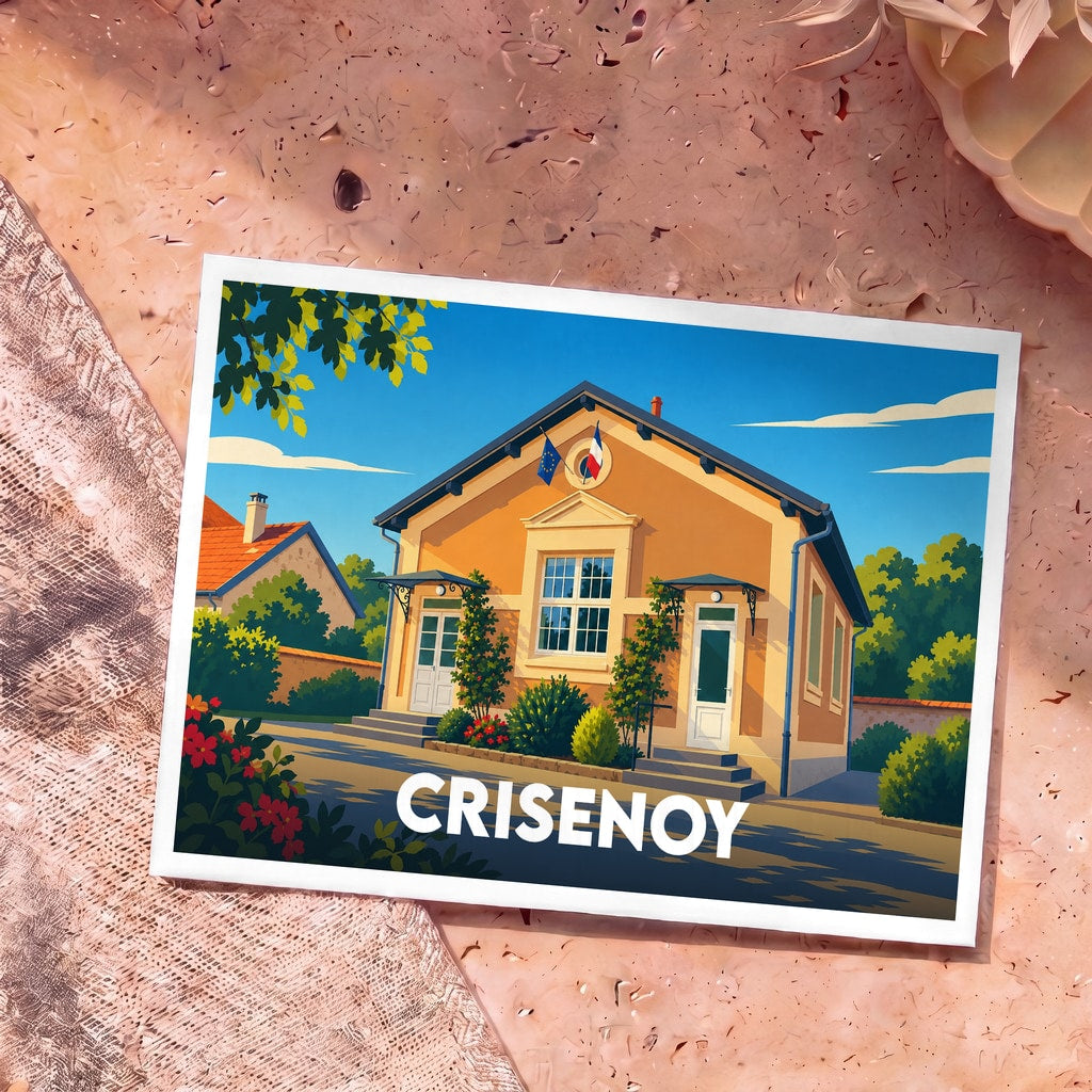 Carte postale souvenir de la ville de Crisenoy illustrant sa mairie sous un ciel bleu ensoleillé.
