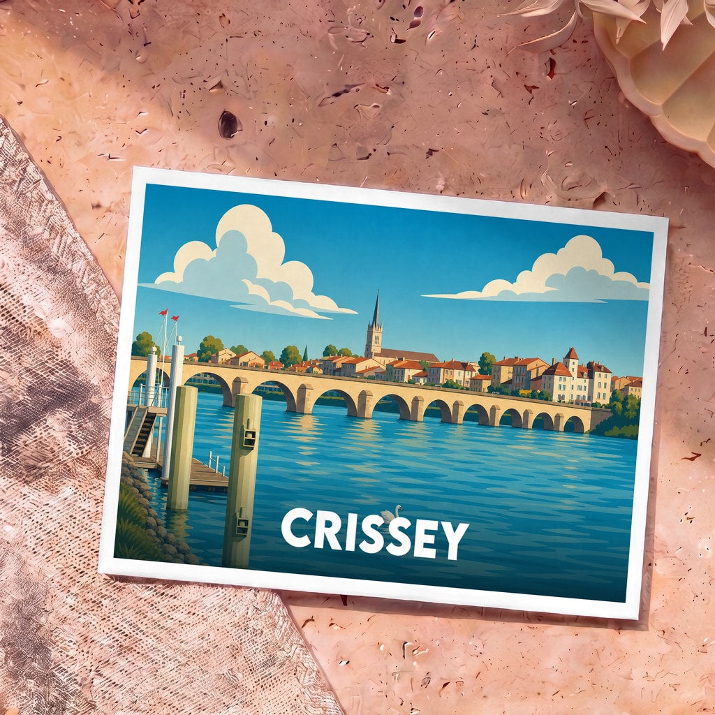 Carte postale souvenir de la ville de Crissey avec une illustration stylisée représentant son pont de pierre et son église en bord de rivière.