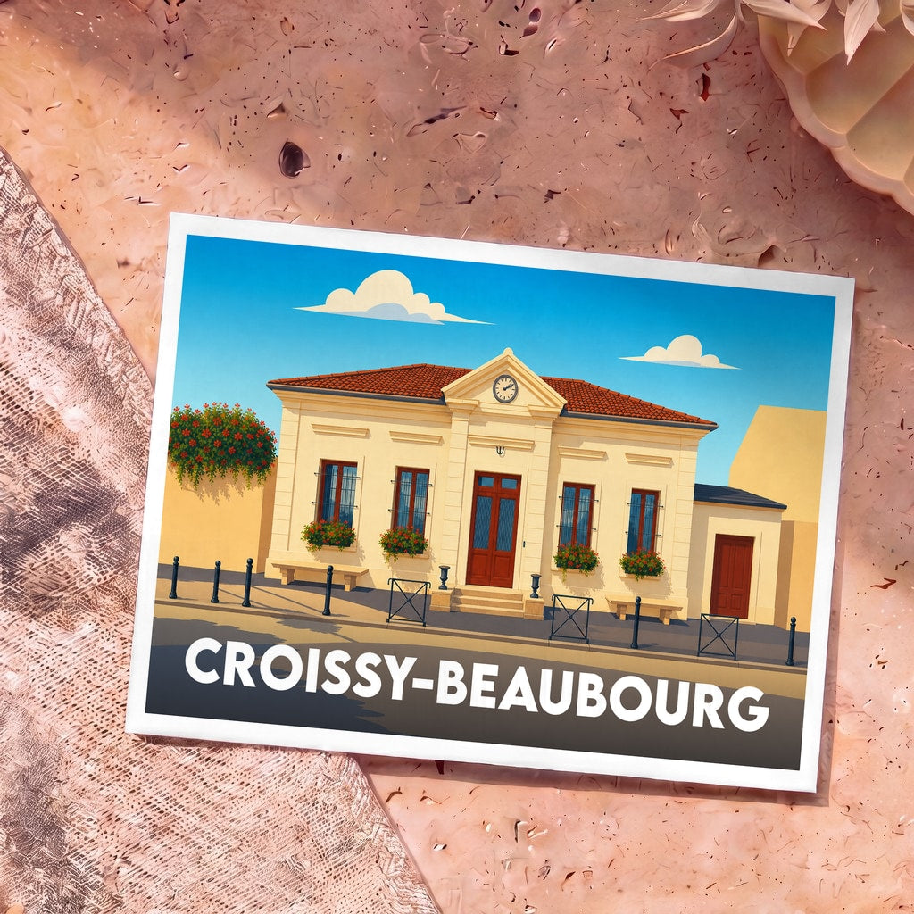 Carte postale souvenir de la ville de Croissy-Beaubourg illustrant sa mairie dans un style graphique épuré.