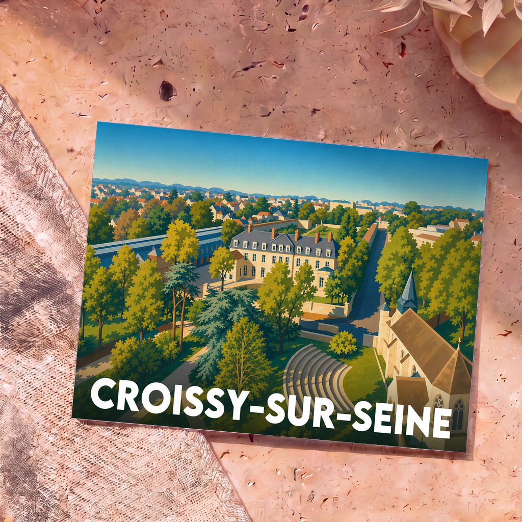 Carte postale souvenir de la ville de Croissy-sur-Seine avec une illustration stylisée vue du ciel.