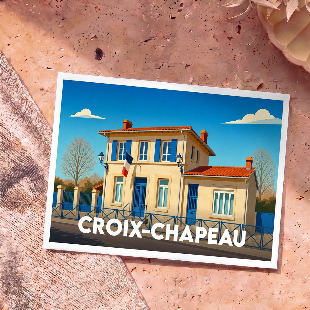 Carte postale souvenir de la ville de Croix-Chapeau avec une illustration stylisée de sa mairie.