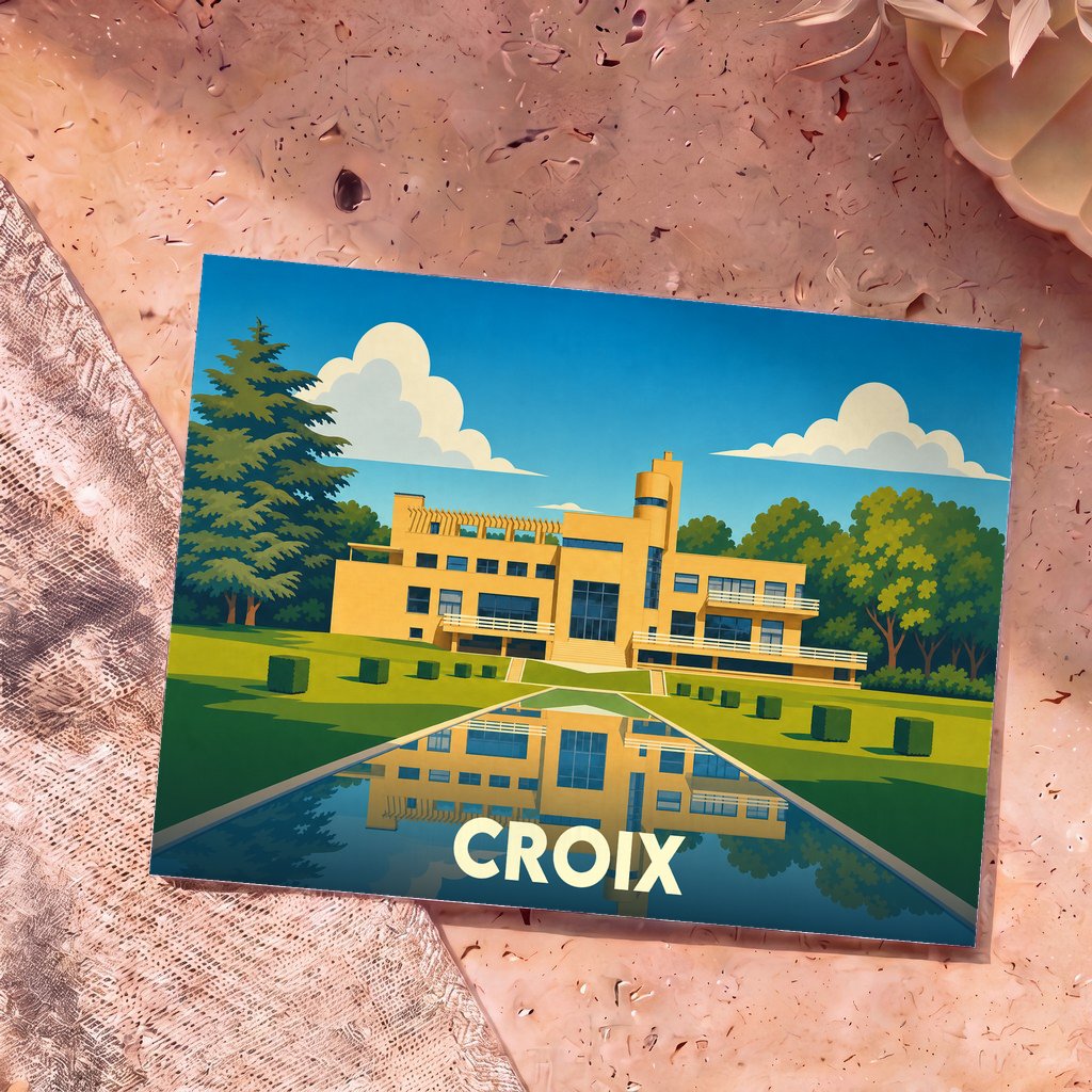 Carte postale souvenir de la ville de Croix illustrant la Villa Cavrois dans un style graphique épuré.