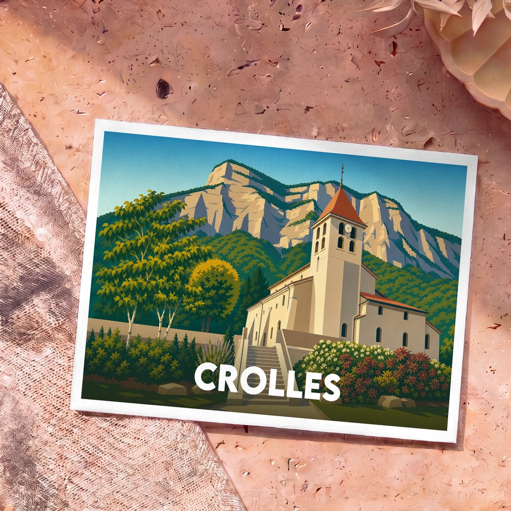 Carte postale souvenir de la ville de Crolles avec une illustration stylisée d'une église devant la Dent de Crolles.
