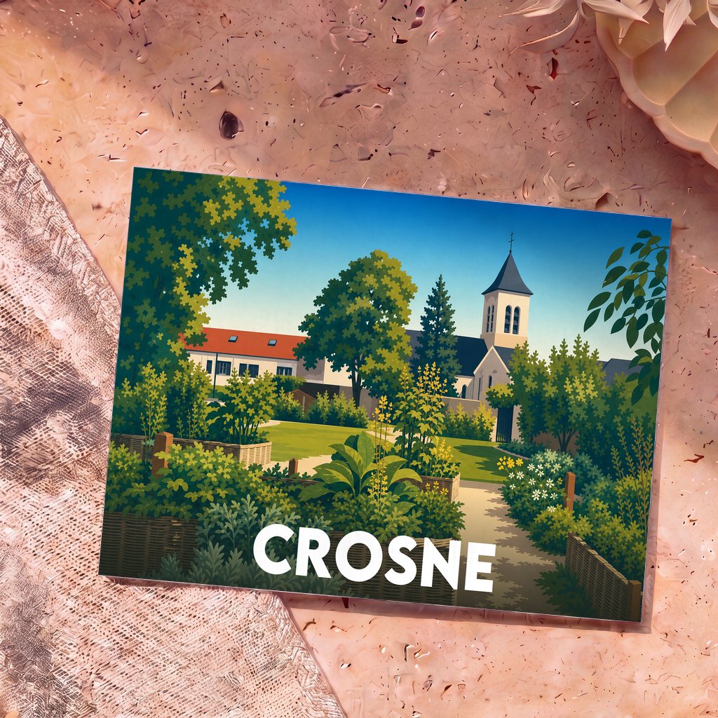 Carte postale souvenir de la ville de Crosne arborant une illustration stylisée d'un jardin verdoyant avec son église en arrière-plan.