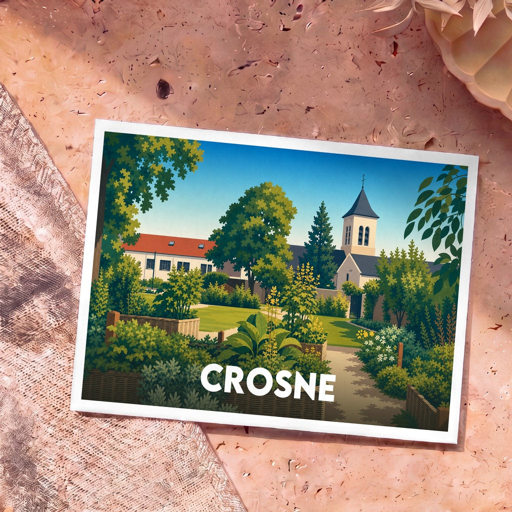 Carte postale souvenir de la ville de Crosne arborant une illustration stylisée d'un jardin verdoyant avec son église en arrière-plan.