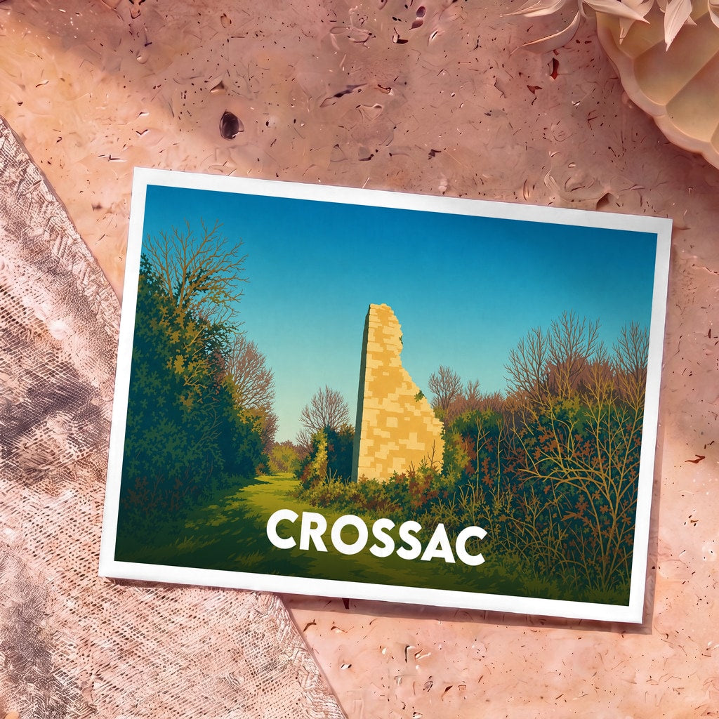 Carte postale souvenir de la ville de Crossac illustrant une ruine historique entourée de végétation dans un style graphique épuré.