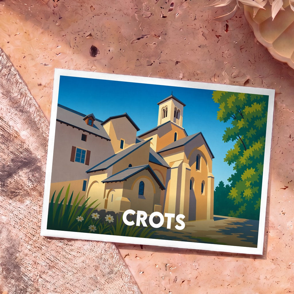 Carte postale souvenir de la ville de Crots avec une illustration stylisée de l'abbaye de Boscodon.
