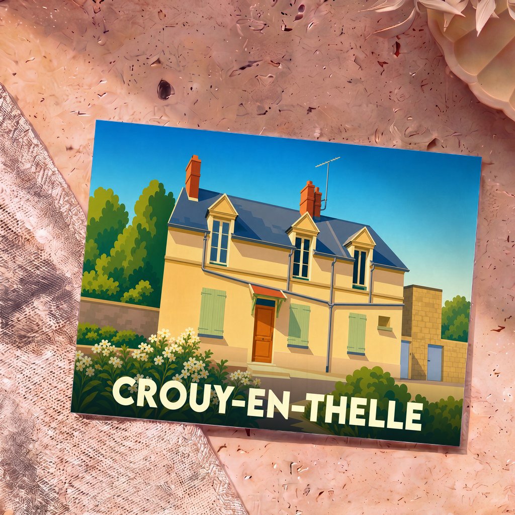 Carte postale souvenir de Crouy-en-Thelle illustrant une maison traditionnelle stylisée dans un décor ensoleillé.
