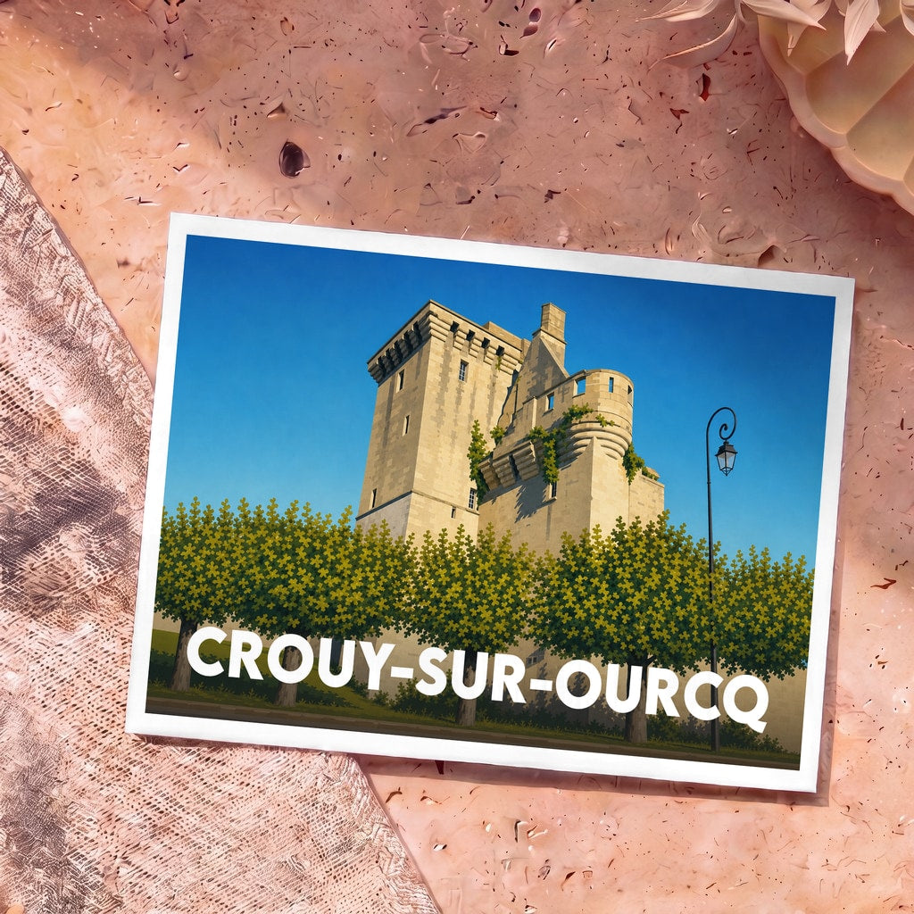 Carte postale souvenir de la ville de Crouy-sur-Ourcq illustrant son château avec un style graphique épuré.