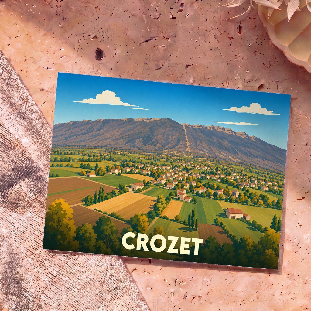 Carte postale souvenir de la ville de Crozet avec une illustration stylisée de son paysage champêtre au pied des montagnes.