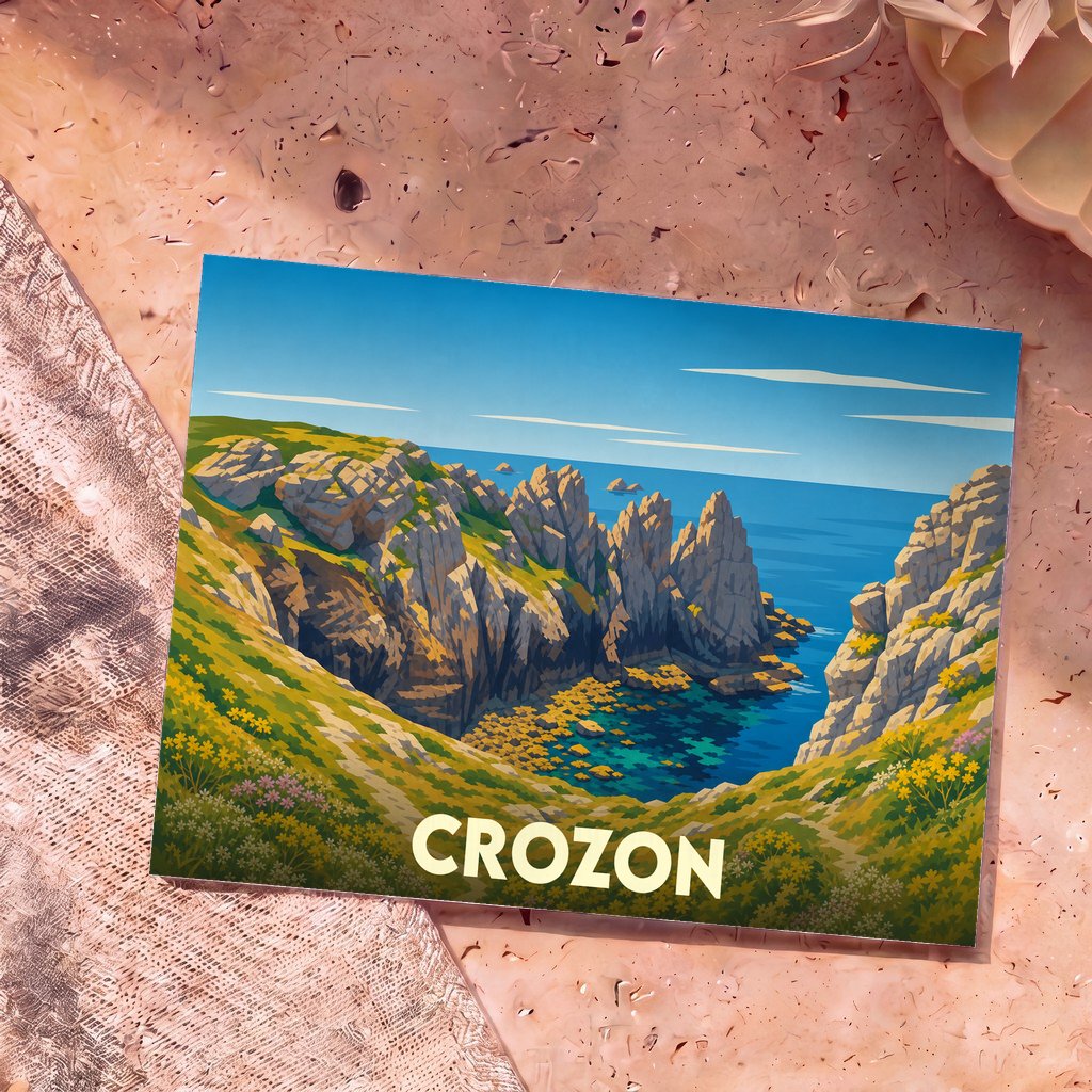 Carte postale souvenir de la ville de Crozon avec une illustration stylisée de ses falaises côtières.