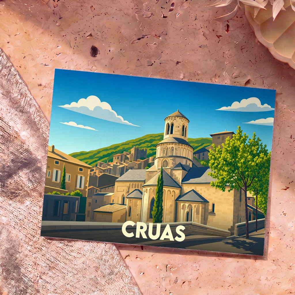 Carte postale souvenir de la ville de Cruas avec une illustration stylisée de son église abbatiale et de son village médiéval.