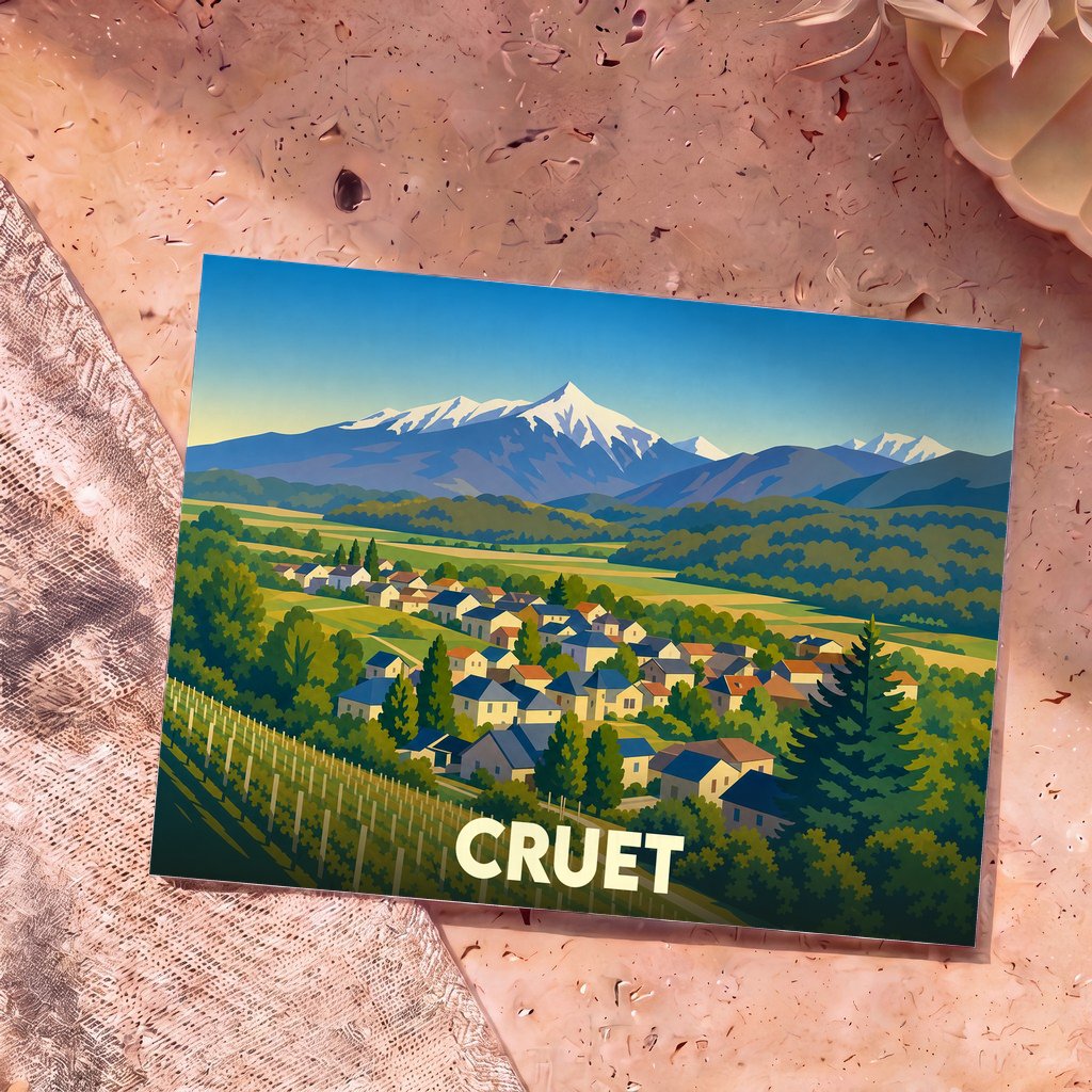 Carte postale souvenir de la ville de Cruet illustrant un paysage stylisé de village savoyard au pied de montagnes enneigées.