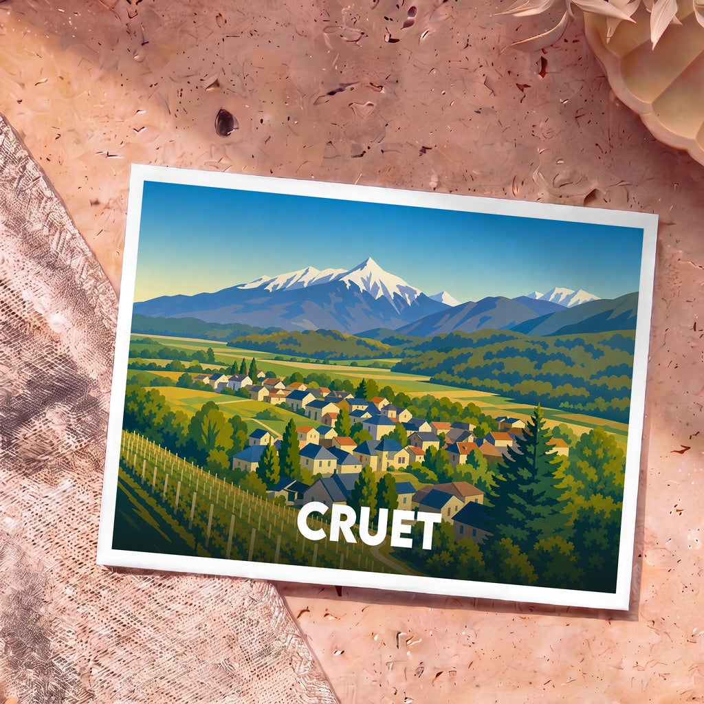 Carte postale souvenir de la ville de Cruet illustrant un paysage stylisé de village savoyard au pied de montagnes enneigées.
