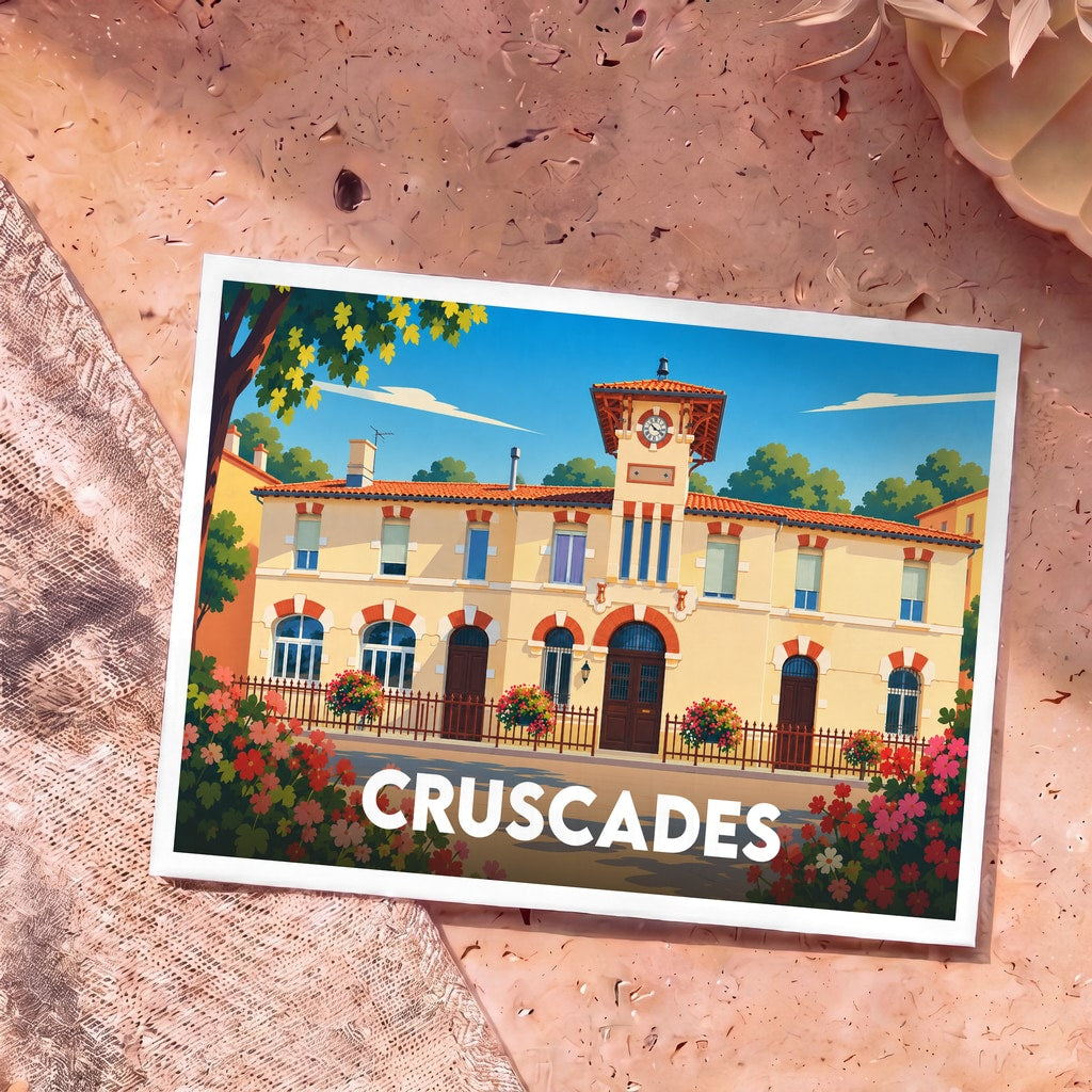 Carte postale souvenir de la ville de Cruscades avec une illustration stylisée de son hôtel de ville fleuri.
