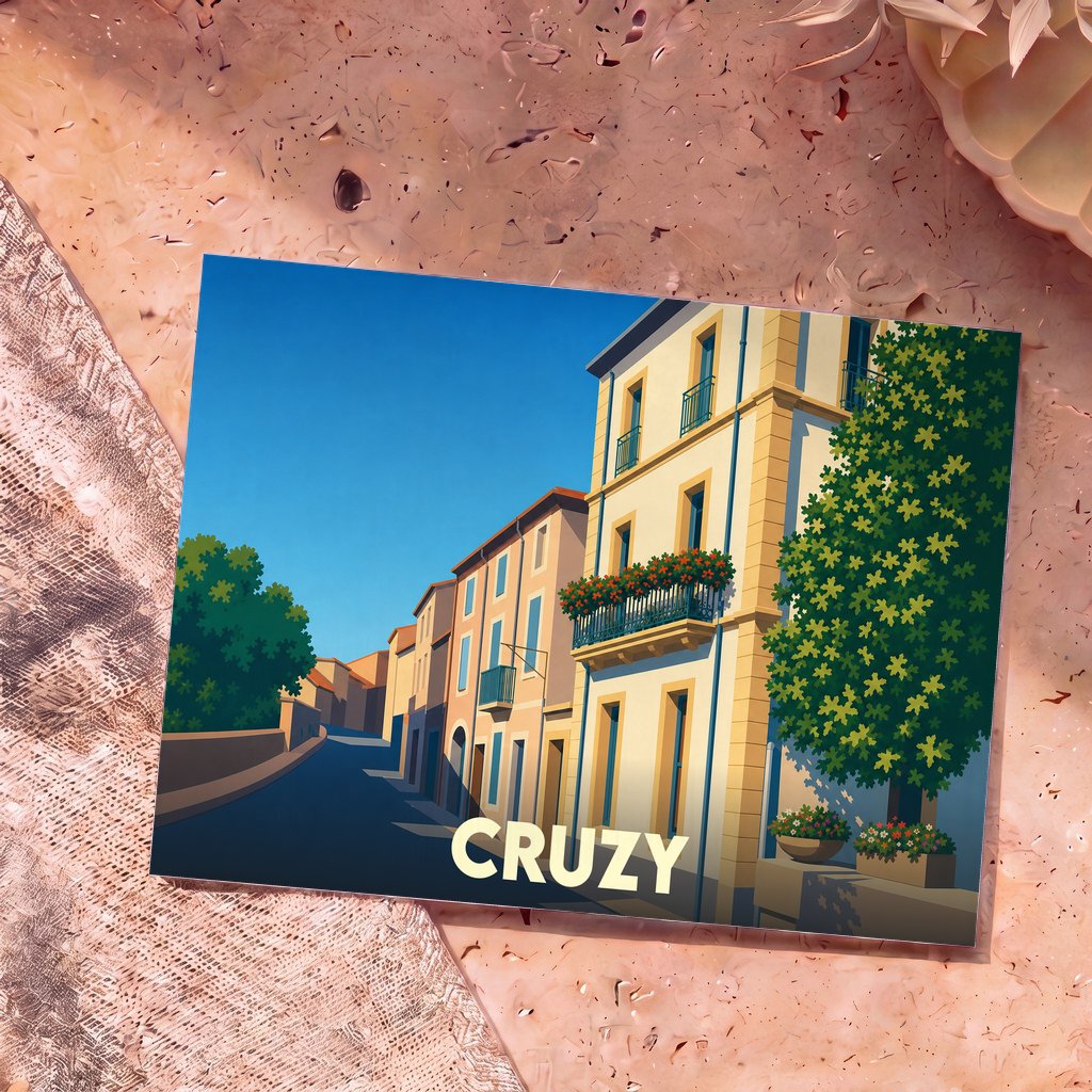 Carte postale souvenir de la ville de Cruzy avec une illustration stylisée d'une rue ensoleillée.