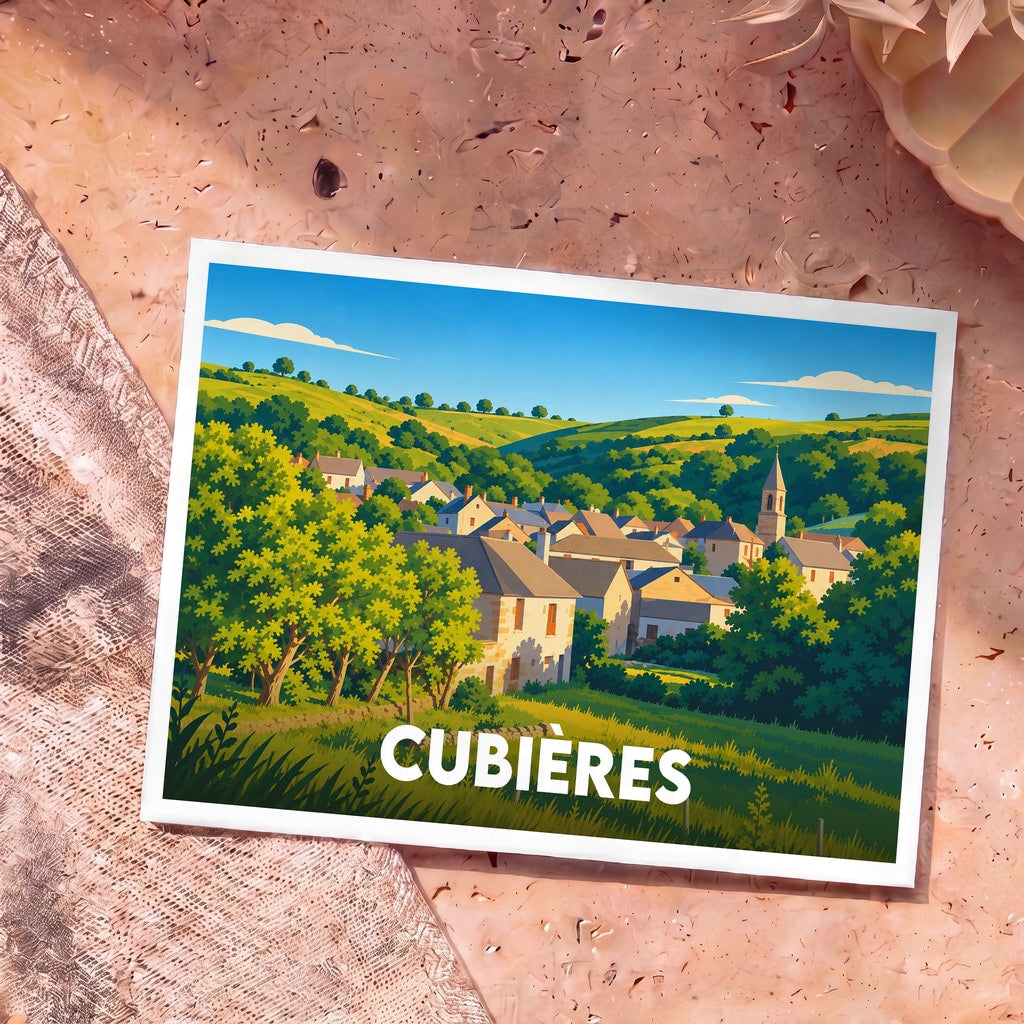 Carte postale souvenir de la ville de Cubières illustrant un village vallonné dans un style graphique épuré.