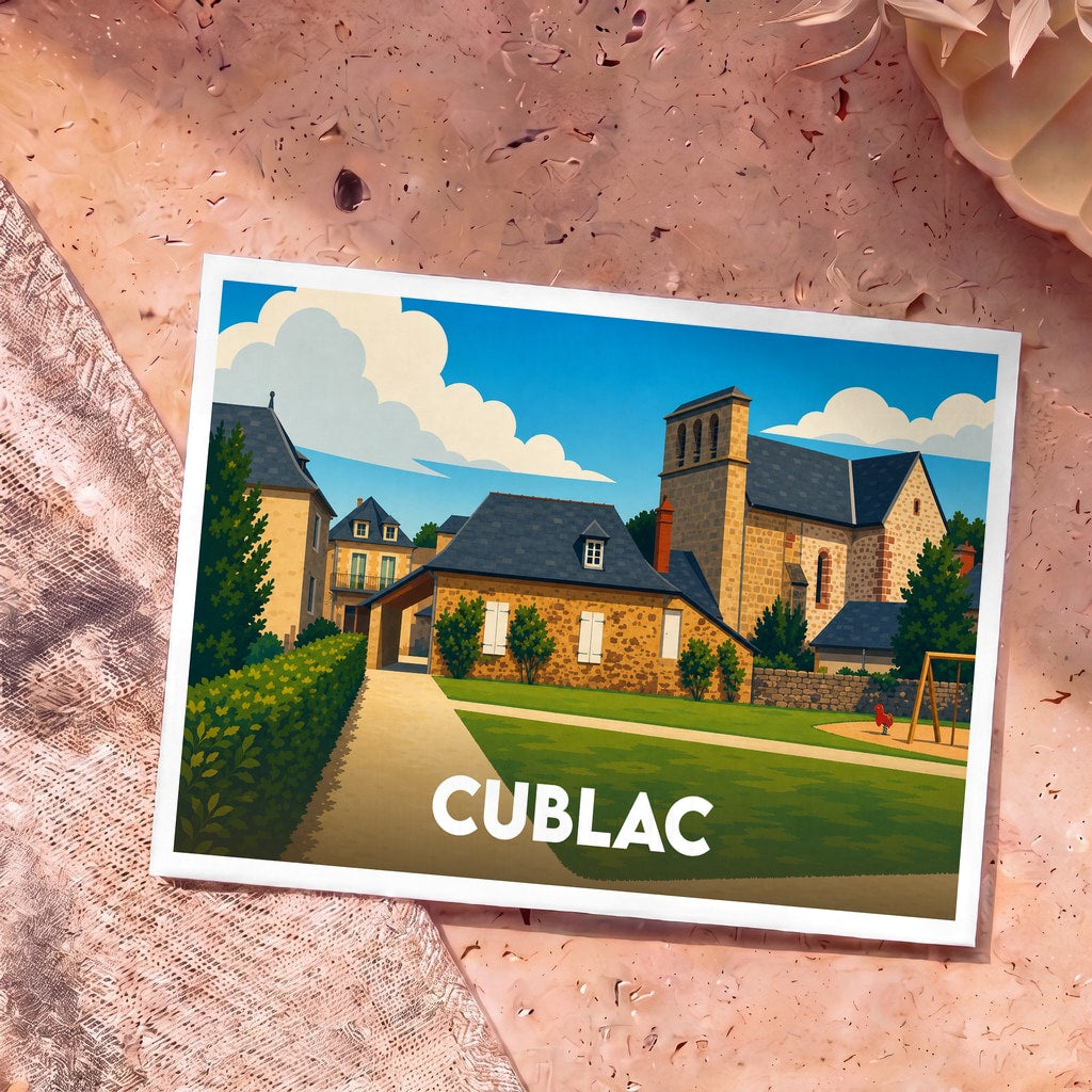 Carte postale souvenir de la ville de Cublac avec une illustration stylisée de son église et de ses maisons en pierre.