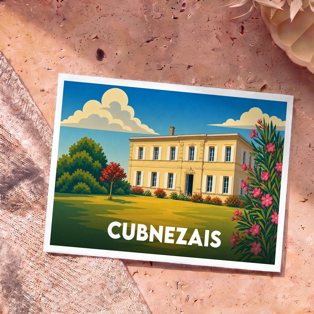 Carte postale souvenir de la ville de Cubnezais avec une illustration stylisée d'une demeure bourgeoise.