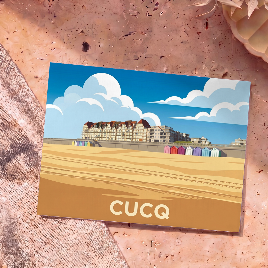 Carte postale souvenir de la ville de Cucq avec une illustration stylisée de sa plage et de ses cabines colorées.