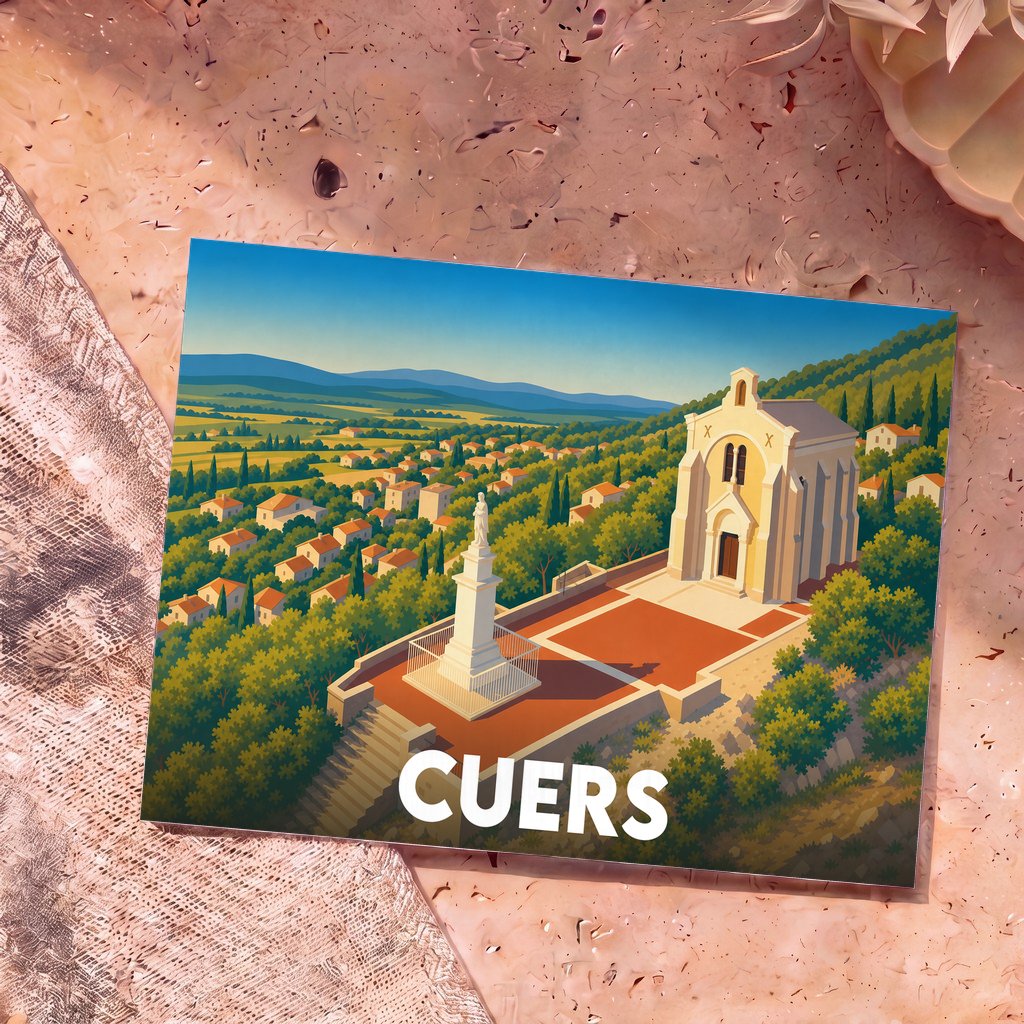 Carte postale souvenir de la ville de Cuers avec une illustration stylisée de la chapelle Notre-Dame de Santé.