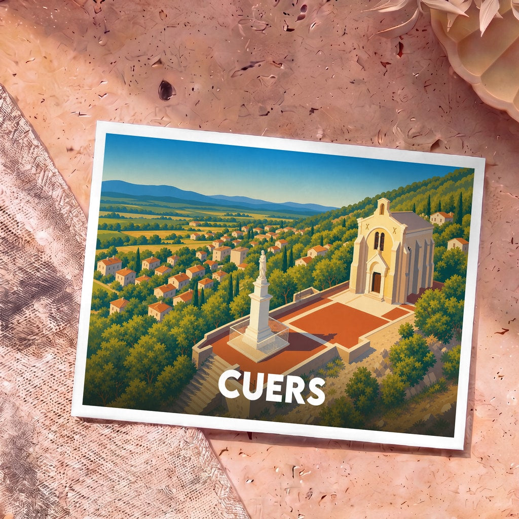 Carte postale souvenir de la ville de Cuers avec une illustration stylisée de la chapelle Notre-Dame de Santé.