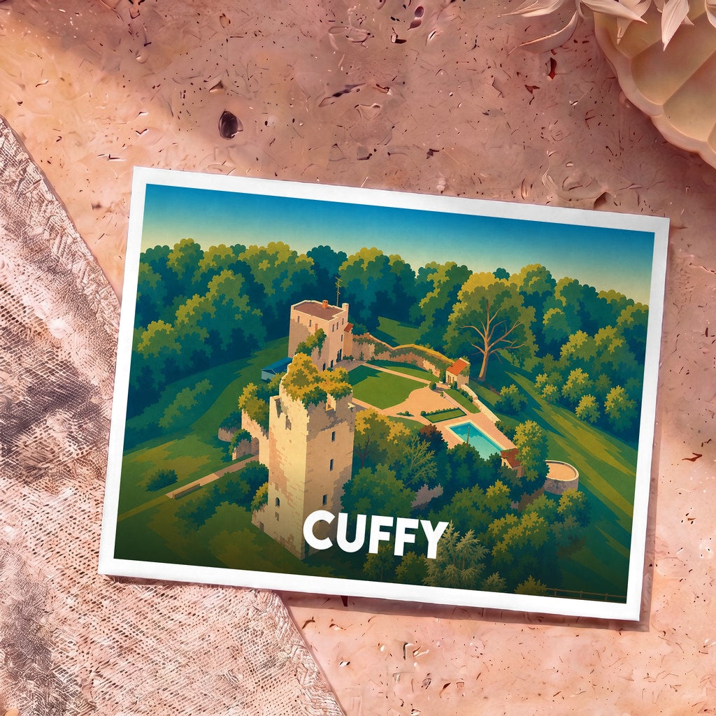 Carte postale souvenir de la ville de Cuffy avec une illustration stylisée de son château et de sa végétation.